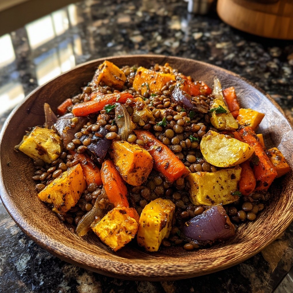 Mittagessen mit Linsen und Ofengemüse