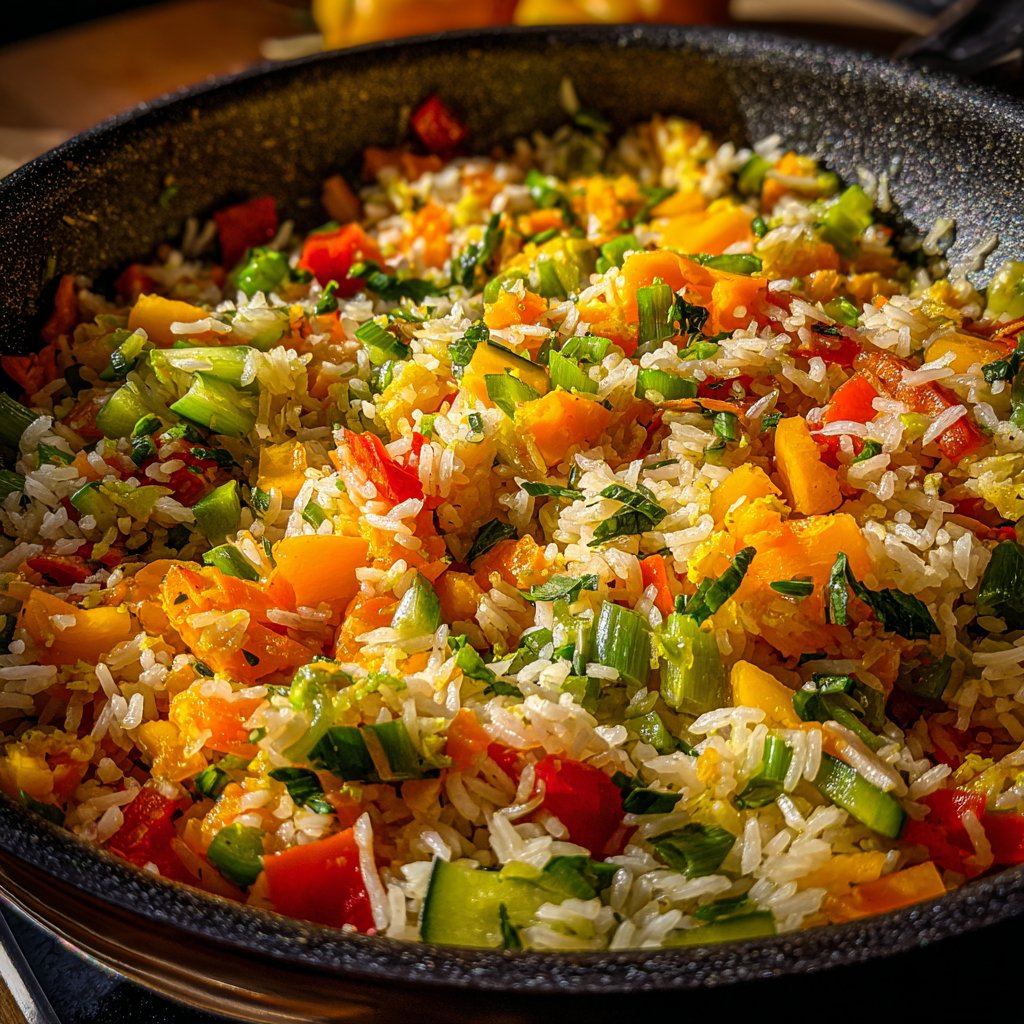 Mittagessen mit Gemüsepfanne und Reis